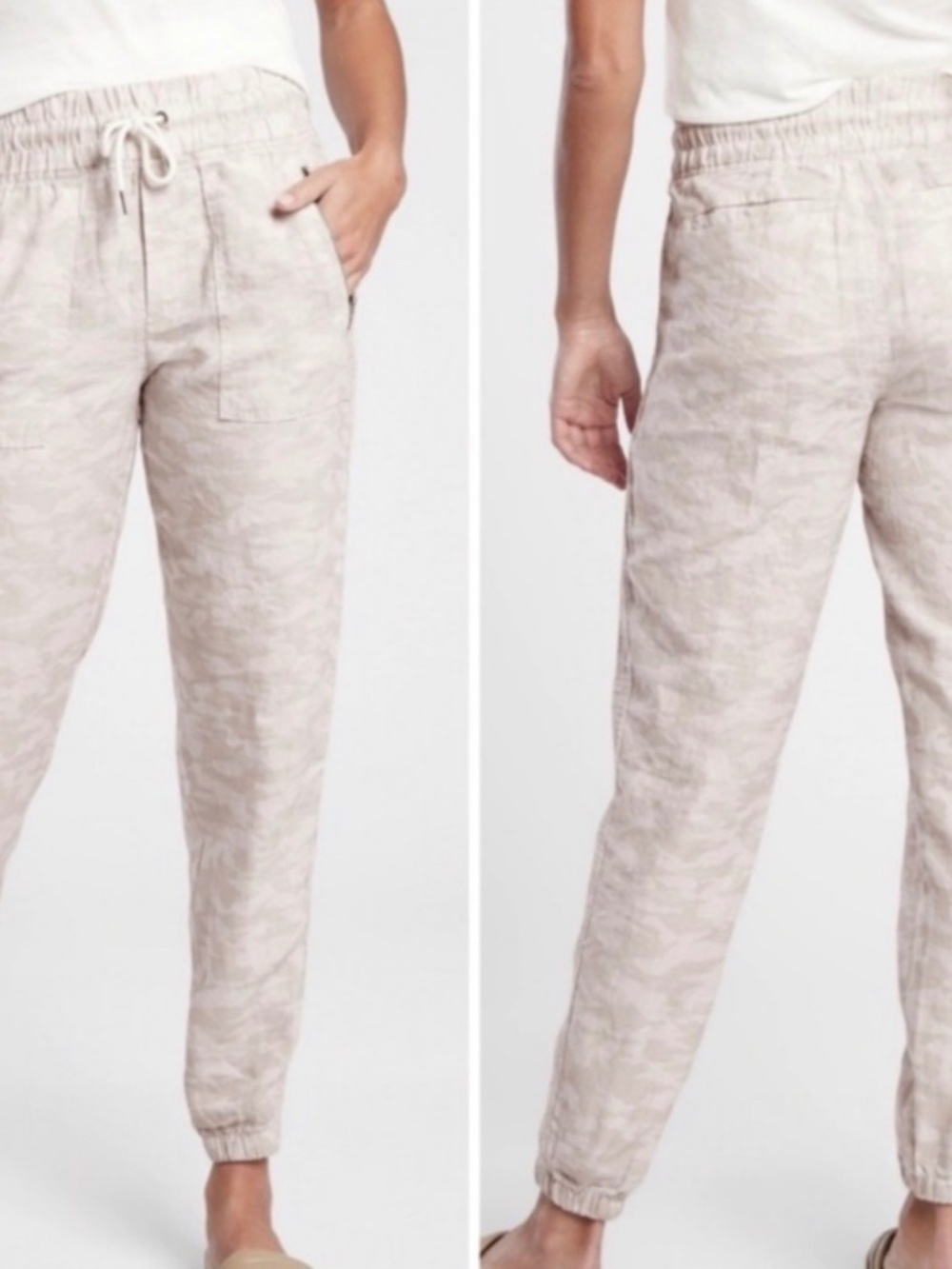 NWOT Athleta Cabo Tide 100% Linen Jogger Pant Women's Size 4T Camo Beige Travel